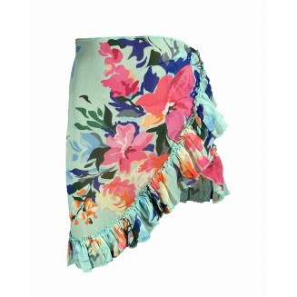 Frida Turquoise Floral Pattern Short Frilly Pareo