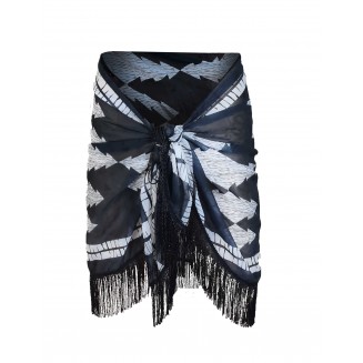 Black Geometric Patterned Short Pareo with Tassels